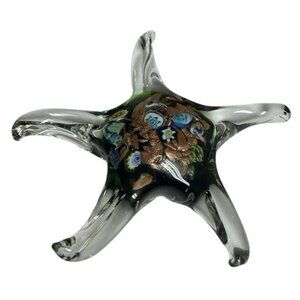 Vintage art glass starfish paperweight with millefiori and copper